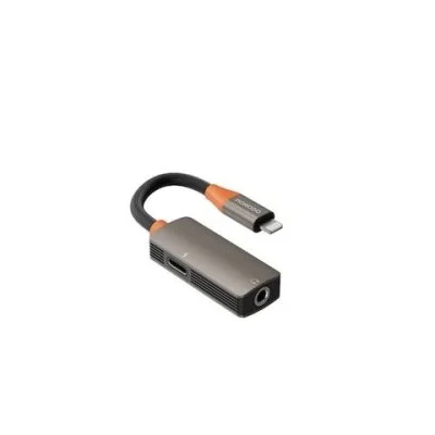 Porodo Duo Charging And Audio Adapter &ndash; Lightning + 3.5Mm &ndash; Black/Orange